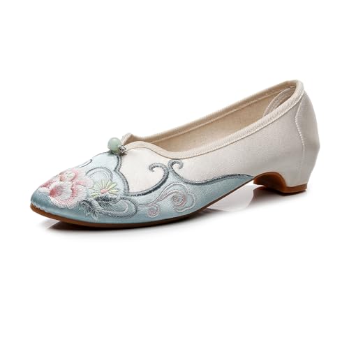 RVROVIC Fashion Women Shoes Walking Dancing Embroidery Vintage Mary Jane Flats Light Green