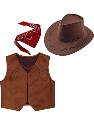 Mufeng 3Pcs Fille Déguisement Cow-Boy Gilet Garçon Veste Rétro Chapeau de Cowboy Western et Bandana Enfant Accessoires Cosplay Costume d'halloween Carnaval Marron A 9-10 Ans