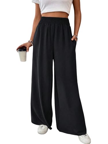 SOLY HUX Damen Weite Hosen Leicht Palazzo Hose Hohe Elastisch Bund Office Stoffhose Casual Anzughose Herbst Freizeithose Schwarz L