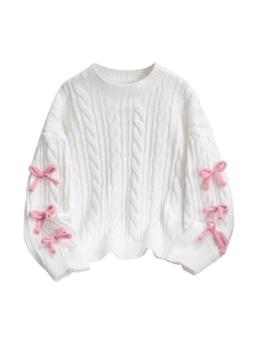 MakeMeChic Girl's Bow Sweater Cable Knit Crew Neck Long Sleeve Cute Pullover Tops