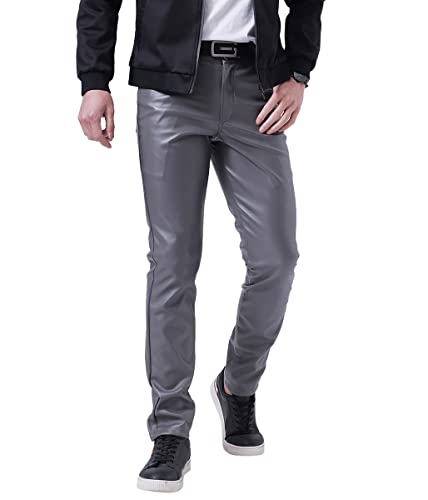 Oanviso Homme Pantalons en Cuir Décontractés Pants Couleur Solide avec Zippé Slim Fit Pantalon Crayon Micro Élasticité Automne Pantalons en PU Cuir Streetwear pour Hommes Motos Punk A Gris L Cover