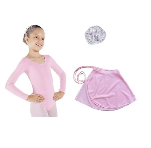 KIT BALLET INFANTIL - COLLANT MANGA LONGA, SAIA AJUSTÁVEL E REDE (rosa, 10 anos)