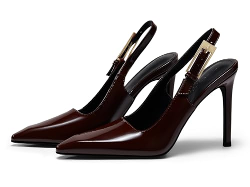 Coutgo Women's Slingback High Heels Pointed Toe Stilettos Metal Buckle Dress Party Pump Shoes, Red Brown, Size 8