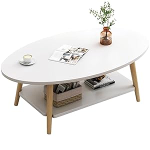 White Coffee Table, Modern Elliptic Living Room Tea Table, Cocktail Table 2-Tier Storage Shelves with Wood Table Legs, Table End for Home Office (80CM)