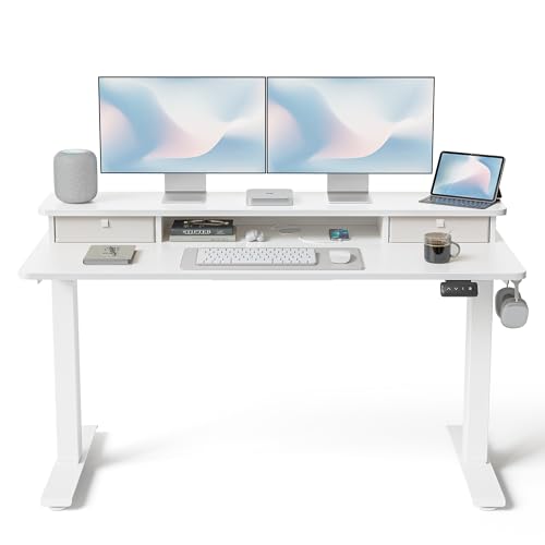 Image of FEZIBO 55 x 24 Inch Height Adjustable Electric Standing Desk with Double Drawer, Stand up Home Office Computer Desk with 4 Height-Adjustable Feets & 2 Hooks, White