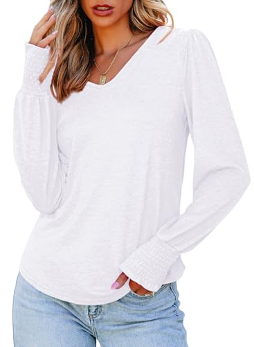 Dokotoo Shirts for Women Ruffle Long Sleeve V Neck Solid Color Knit Business Casual Corset Tops Comfy Ladies Basic Blouses Fall Clothes for Women 2024 White Large