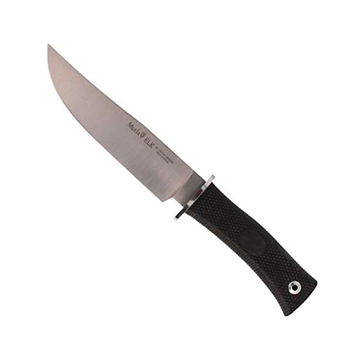 Muela Cuchillo ELK-14G hoja de acero MoVa de 14,7 cm y empuñadura de goma para Caza, Pesca, Supervivencia y Bushcraft Realizado en Ciudad Real + Portabotellas de regalo