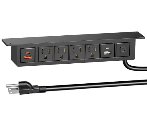 Under Desk Power Strip with 20W USB C, QBA 8-in-1 Desk Outlet Station, 4 AC Outlets, 2 USB-C, 2 USB-A, 6FT Cable, Desk Mount Power Strip for Home Office Conference, ETL Listed(Black)