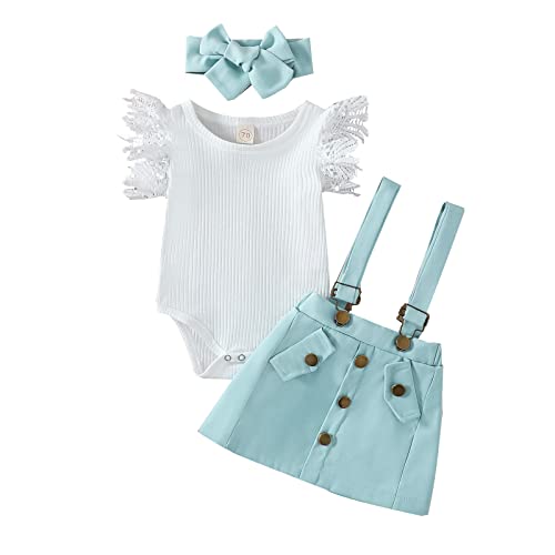 Image of Madjtlqy Infant Girls Summer 3Pcs Outfit Sets Ruffle Short Sleeve Ribbed Romper + Suspender Skirt + Headband
