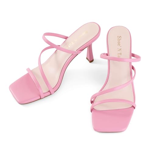 Image of Shoe'N Tale Strappy Kitten Heels For Women Stiletto Mules Square Open Toe Slip On Sandals