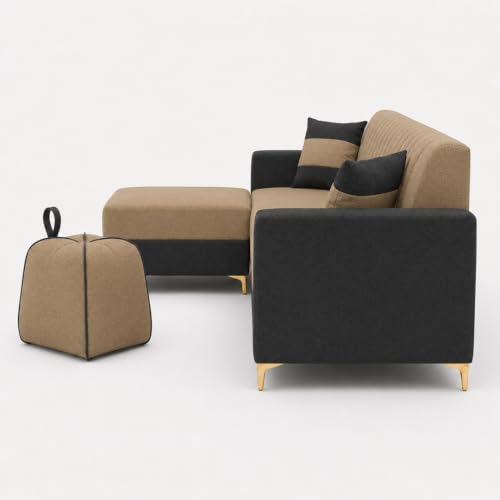 Image of FURNY Signature Regalia 4-Seater L-Shape Sofa Set with Movable Ottoman & Suri Pouf | Flexible LHS /RHS Layout | Boston Fabric | 40D Foam + Zigzag Spring | 3-Yr Warranty (Steel Grey -Beige)