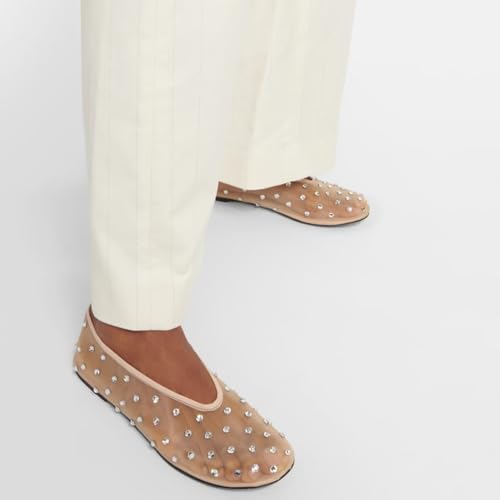 MICIFA Mesh Ballet Flats for Women Crystal Rhinestone Flat Shoes Round Toe Sparkly Ballerina Shoes Low Heel Glitter Casual Wedding Dress Mary Jane Flats Apricot2