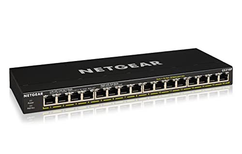 NETGEAR 16-Port Gigabit Ethernet Unmanaged Essentials PoE+ Switch (GS316P): Mit 16 x PoE+ bei 115 W...