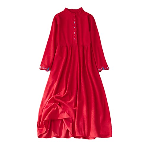 ERFMFKL Besticktes Cord-Kleid für Herbst, Winter, Büro, Damen, Arbeit, Frühling, Freizeitkleid, Midikleid, rot, XX-Large