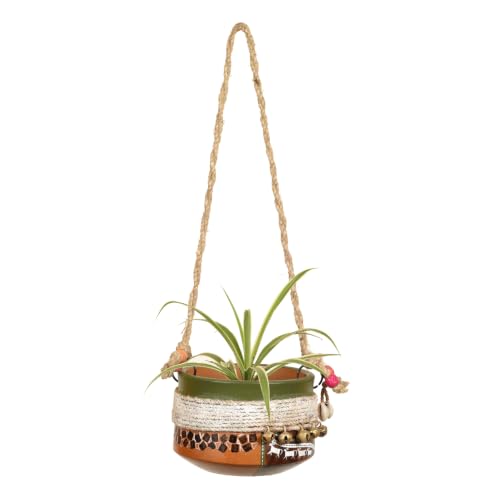 Image of AAKRITI ART CREATIONS Terracotta Hanging Planter | Jute Embellished Brown Earthen Design, Modern Art, Matte Finish | Decorative Hanging Pot for Indoor & Outdoor Home Decor