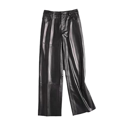 Pantalon large en cuir véritable femme taille haute pantalon ample noir chic