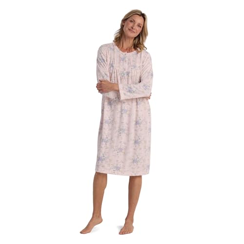 Miss Elaine Women's Short Brushed Back HoneyComb Knit Nightgown, Long Sleeve, Sleepwear & Loungewear (Petite Medium, Lilac Sprays On Peach)