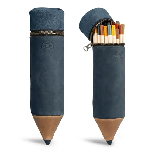 Image of Hide & Play, Pencil-Shaped Case for Pens, Pencils, Markers, and Office Accessories, Zippered Bag, Pen Storage, Full Grain Leather, Handmade (Slate Blue)