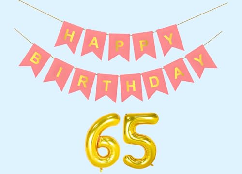 Image of 65th Happy Birthday Decoration Kit Light Pink for 65 year Old Men with Number Sixty-five Party Decorations Decor Celebration Items Item Set Combo Reusable Paper Banner