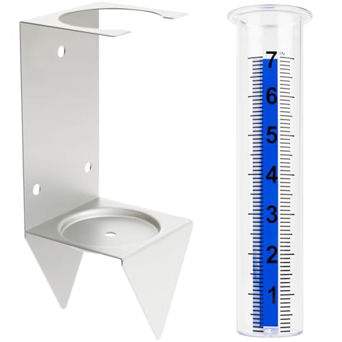 AQKILO Outdoor Rain Gauge 7 Inch with Silver Stainless Steel Bracket, Freeze-Proof Clear Tube, Large Easy-Read Rain Measurement for Garden, Yard, Fence, Lawn and Farm