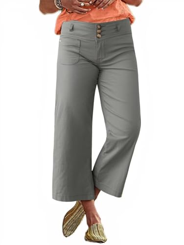 Flamingals Wide Leg Cropped Pants for Women Trendy Mid Rise Button Fly Barrel Jeans Stretchy Casual Ankle Pants