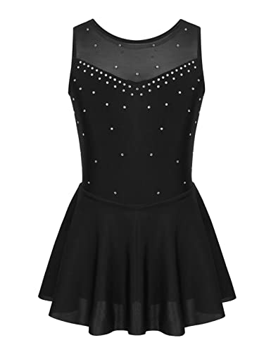 Aislor Niñas Vestido de Patinaje Artístico Maillot de Gimnasia Elástico sin Mangas con Diamantes Leotardo de Baile Traje Ropa de Patinador Vestido de Danza Negro 11-12 años