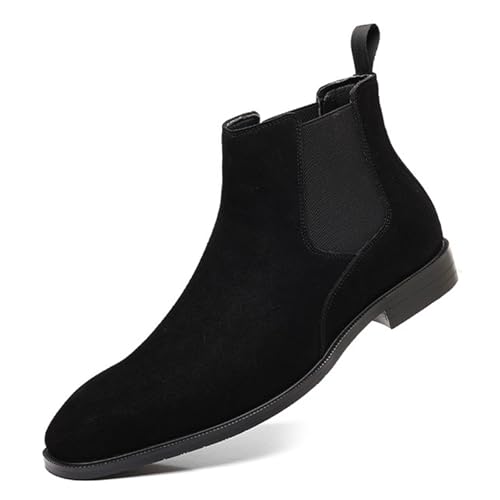 OXNGDMDM Men's Suede Chelsea Boots Cap Round Toe Low Heel Classic Side Elastic Band Slip On Comfortable Fashion Dress Ankle Boots for Work Business Daily Wear (Black,11)