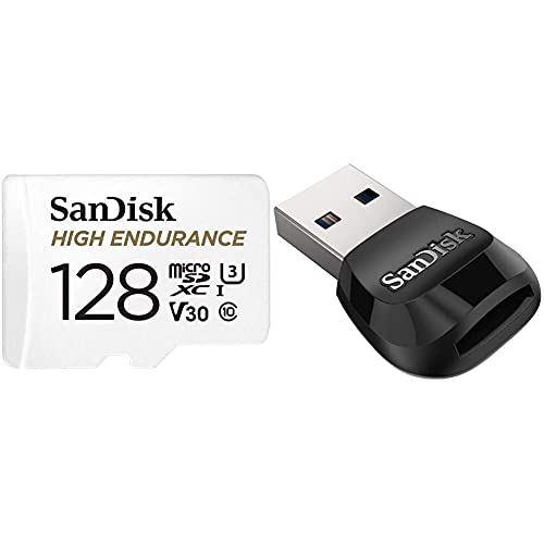 SanDisk 128GB High Endurance Video MicroSDXC Card with Adapter for Dash Cam and Home Monitoring Systems and SanDisk MobileMate USB 3.0 MicroSD Card Reader