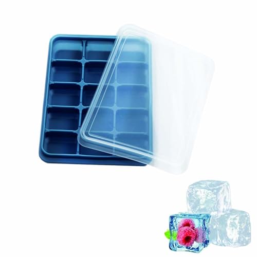 HUIKKJP 製氷皿 シリコン 製氷 四角氷 15グリッドスクエアシリコーンアイスキューブ型 ケース 蓋付き アイストレー やわらかく氷が取りやすい 省スペース トレー 小分け ソフト取り出しやすい 冷凍保存 耐久性 家庭用 (ブルー)