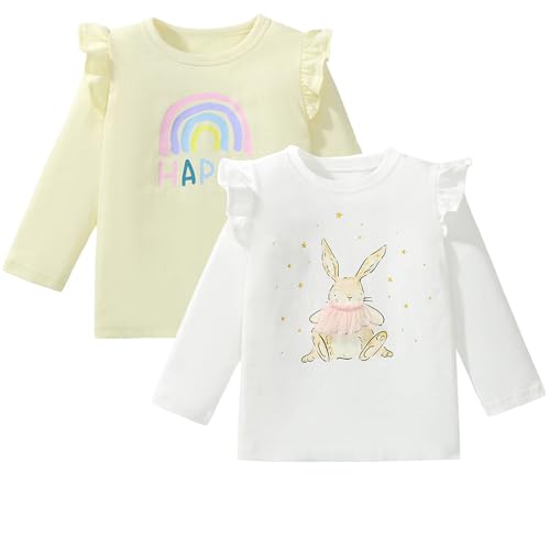 Image of Toddler Girls 2-Pack Long Sleeve T-Shirts Casual Graphic Cotton Tee Shirts (US, Age, 2 Years, Yellow /White)