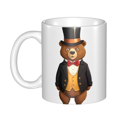 WHJDPP Taza de cerámica con diseño de oso marrón con sombrero de copa para capuchino, latte, cereales, yogur, leche, bebidas calientes o frías, horno de microondas