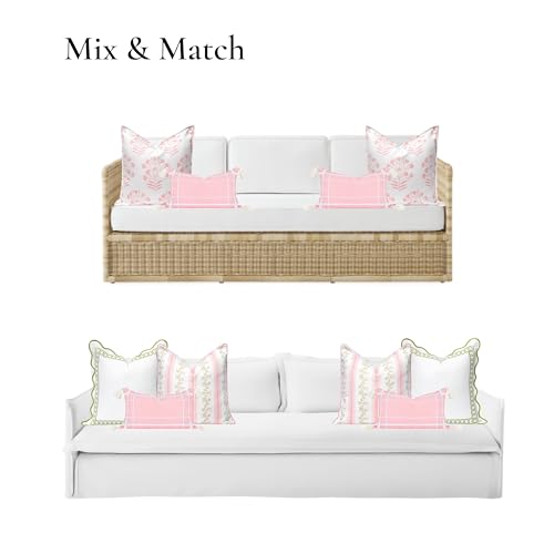 Hofdeco Premium Coastal Patio Indoor Outdoor Lumbar Pillow Cover Only, 12"x20" Water Repellent for Backyard, Couch, Blush Pink Embroidered Line Frame by Hofdeco Premium - Image 2