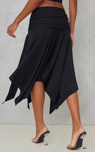 PrettyLittleThing Black Soft Touch Ruched Asymmetric Midi Skirt3
