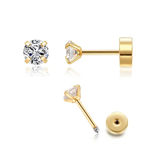 4mm CZ Flat Screw Back Stud Earrings 14K Gold Small Cubic Zirconia Earrings for Helix Cartilage Tragus Earlobe Piercing Jewelry Gift for Women(4mm CZ Gold)