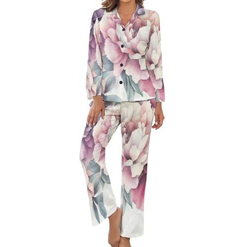 Pyjama femme grande taille anti-serrement ensemble d'été fluide pivoine rétro taille élastique