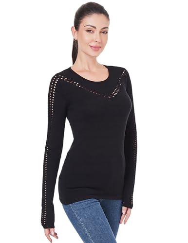 AmélieBoutik Women Crew Neck Eyelet Trim Long Sleeve Knit Top Sweater2