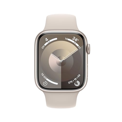 Apple Watch Series 9 (45 mm GPS) Smartwatch avec boîtier Aluminium et Bracelet Sport lumière stellaire (S/M). Suivi de l’activité Physique, apps Oxygène sanguin et ECG, écran Retina Toujours activé
