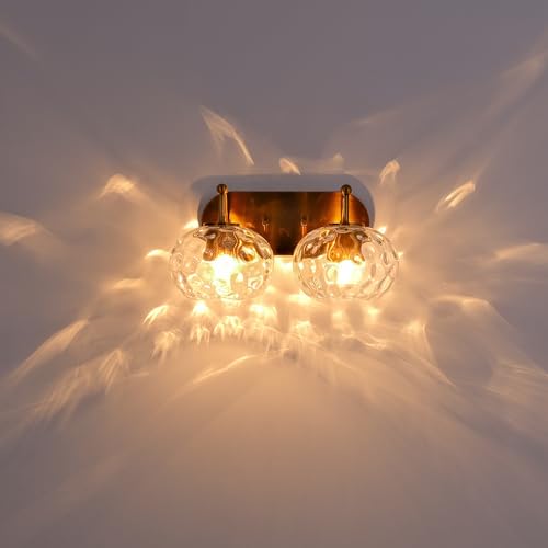 Image of Brushed Gold Vanity Light Clear Hammered Glass Wall Sconce 2-Light Brass Wall Lamp for Hallway Living Room Stairwell Bathroom Over Mirror