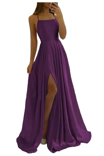 Image of Women Long Formal Dress Solid Satin Spaghetti Straps A Line Evening Cocktail Dresses with Slit