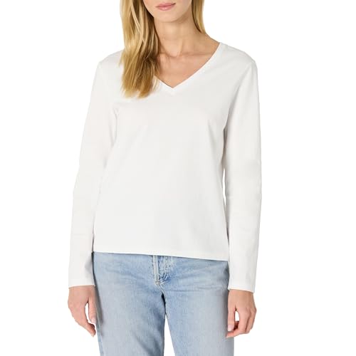 Amazon Essentials Camiseta de Cuello en V, Manga Larga, Corte Regular, 100% Algodón Mujer, Blanco, XL