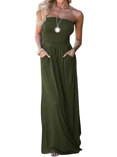 Image of Womens Off The Shoulder Maxi Dresses Summer Strapless Bandeau Long Dress with Pockets