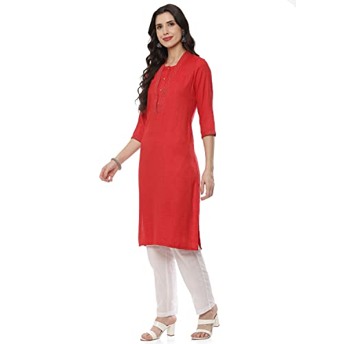 Image of Rangriti Red Art Silk Straight Kurta for Women