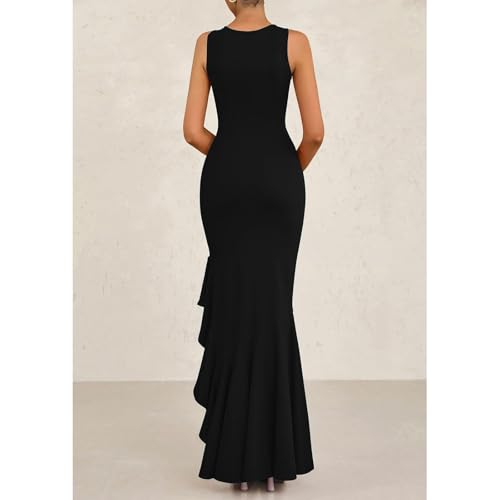 AOWVUTS Damen Abendkleid Elegant Ballkleid Lange Rüsche Schlitz Meerjungfrau Bodycon Kleid Hochzeit Festlich Hi-Lo Sexy Partykleid Maxi Ärmellose Cocktailkleid Brautjunferkleid