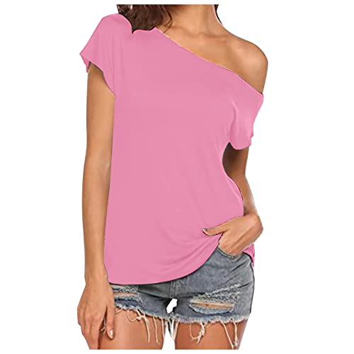 Camiseta de verano para mujer, elegante, sexy, manga corta, monocolor, holgada, tallas grandes, camiseta larga, camiseta de hombros descubiertos, sudadera, blusa, túnica, camiseta básica, Rosa., L