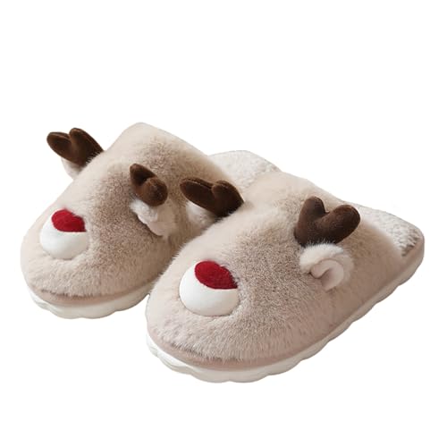 Womens Cute Reindeer Antlers House Slippers Funny Christmas Deer Horn Ear Indoor Home Shoes Plush Fuzzy Warm Bedroom Slippers Matching Family Winter Fall Shoes