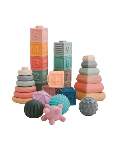 Image of Mommassori 4 in 1 Montessori Toys for Babies and Toddlers Aged 6 Months and Older, Soft Teething Toys, Building Blocks, Balls, and stackers, Sensory Educational Toys to Support Development, 30 pcs