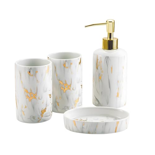 Santentre 4 Piezas Lujo Cerámico Bathroom Set con dosificador de jabón, Porta Cepillo de Dientes, Vaso, Jabonera, Regalo Ideal para la decoración y organización del hogar, mármol Blanco