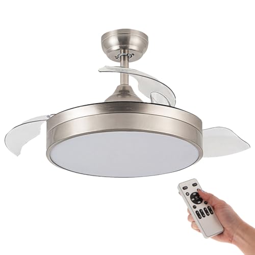 M Ledme - Ventilador de Techo con luz Led Messe 72W Niquel con luz y Mando a Distancia, Bajo consumo, motor DC, 6 velocidades, Silencioso ,4 Aspas desplegables, función verano-invierno, temporizador
