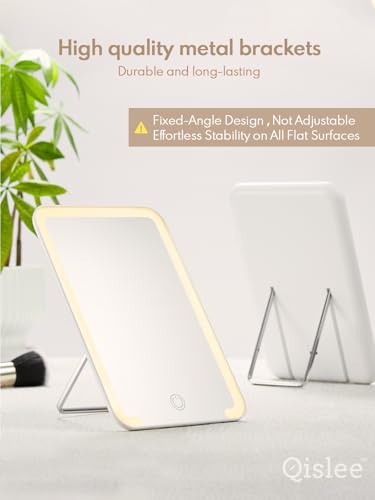 Qislee Travel Makeup Mirror with Lights, 3 Color Modes, 8 x 5 inches Desk Mirror with Foldable Stand, Touch Dimming, Perfect Travel Accessory, White