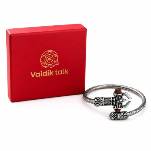 Image of Rudraksha Trishul Damru Kada for Men & Women | Adjustable Stainless Steel Open Cuff Bracelet with Rudraksha Bead | Lord Shiva Inspired Spiritual Wrist Kada | Silver Finish